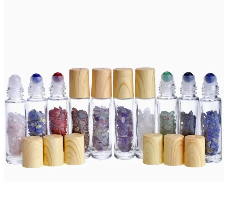 10ml Clear Glass Roll On Perfume Bottles With Crushed Natural Crystal Quartz Stone,crystal Roller Ball Wood Grain Cap Wholesale