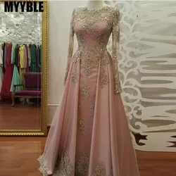 Customized Elegant Long Sleeves Evening Gowns Neck Appliques Beading Tulle Pink Floor Length Women Dresses Formal Prom Gowns