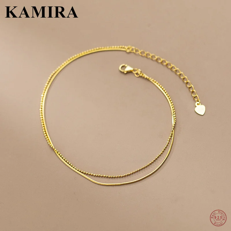 KAMIRA-tobillera de Plata de Ley 925 auténtica para mujer, tobillera con cuentas simples de doble capa, hueso de serpiente, joyería fina de oro de 18k para boda