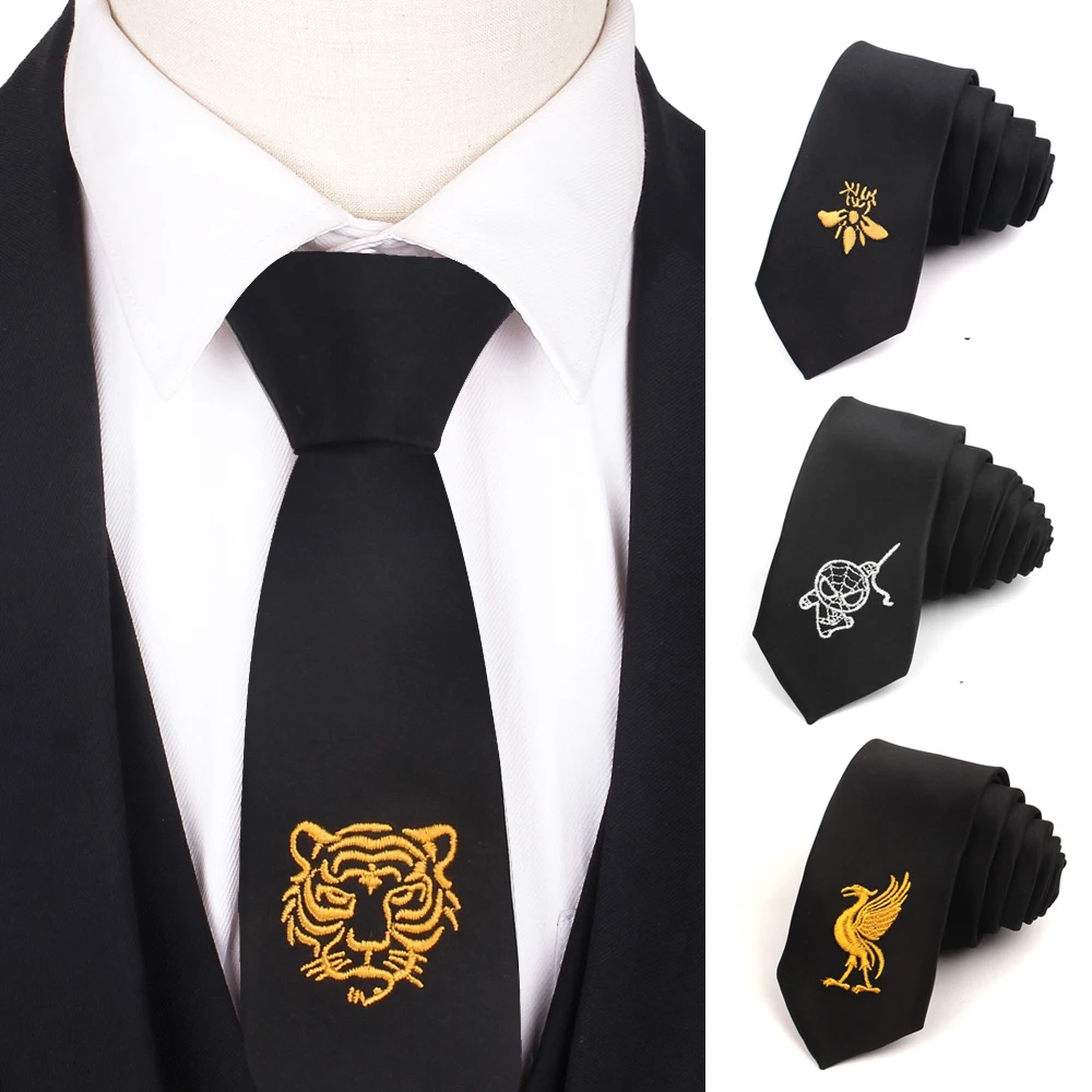 Black Skinny Ties For Men Women Embroidery Funny Necktie For Girls Boys Suits Tie For Party Casual Slim Male Necktie Gravatas