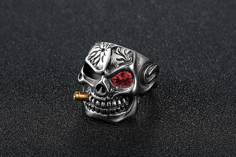 Mens Ring Stainless Steel Hip Hop Punk Ring Domineering Red Eye Skull Bite Bullet Ring Jewelry Gift