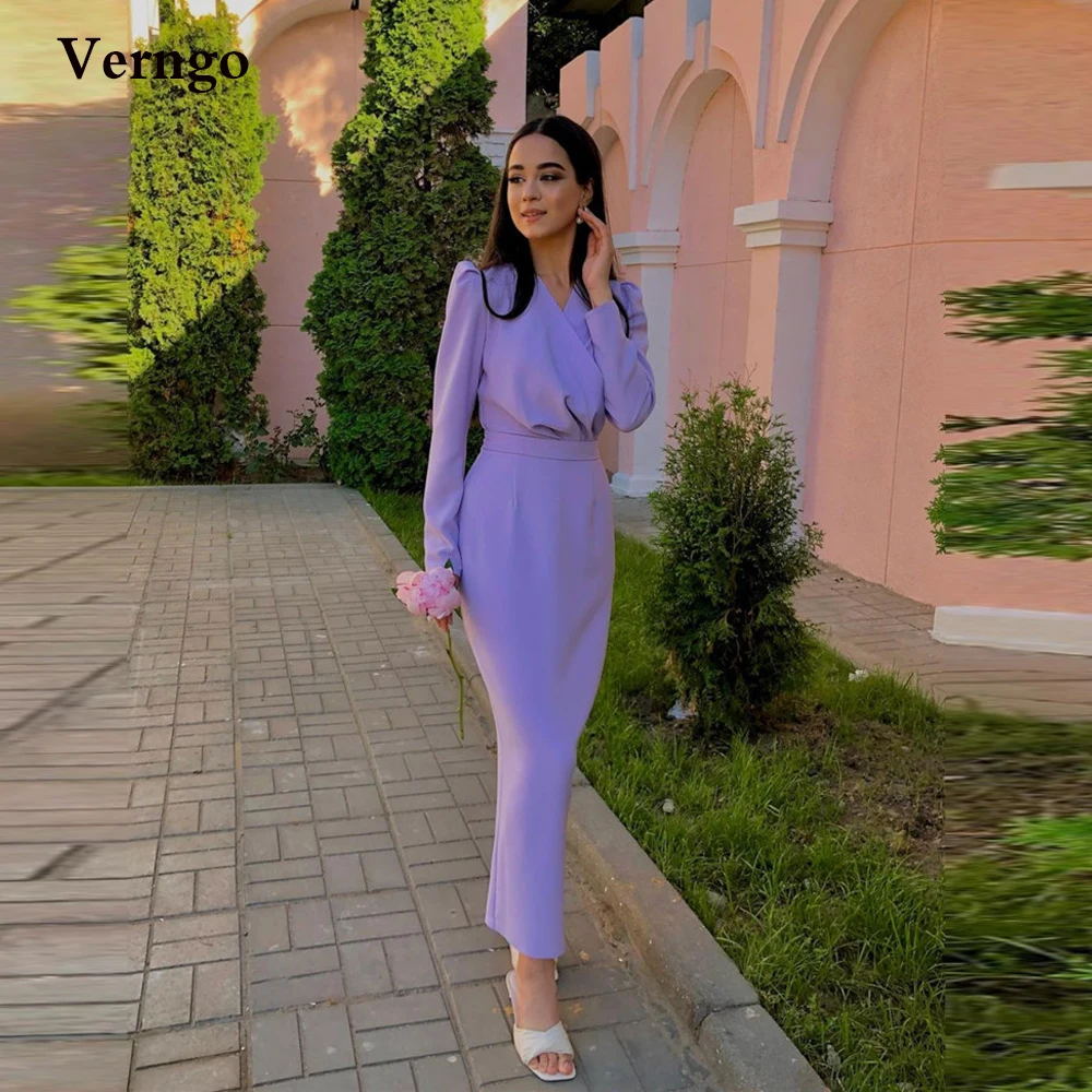 Verngo-vestidos de fiesta de noche de satén elástico lavanda para mujer, mangas largas modestas, cuello en V, longitud hasta el tobillo, vestido de graduación, vestido Formal Simple