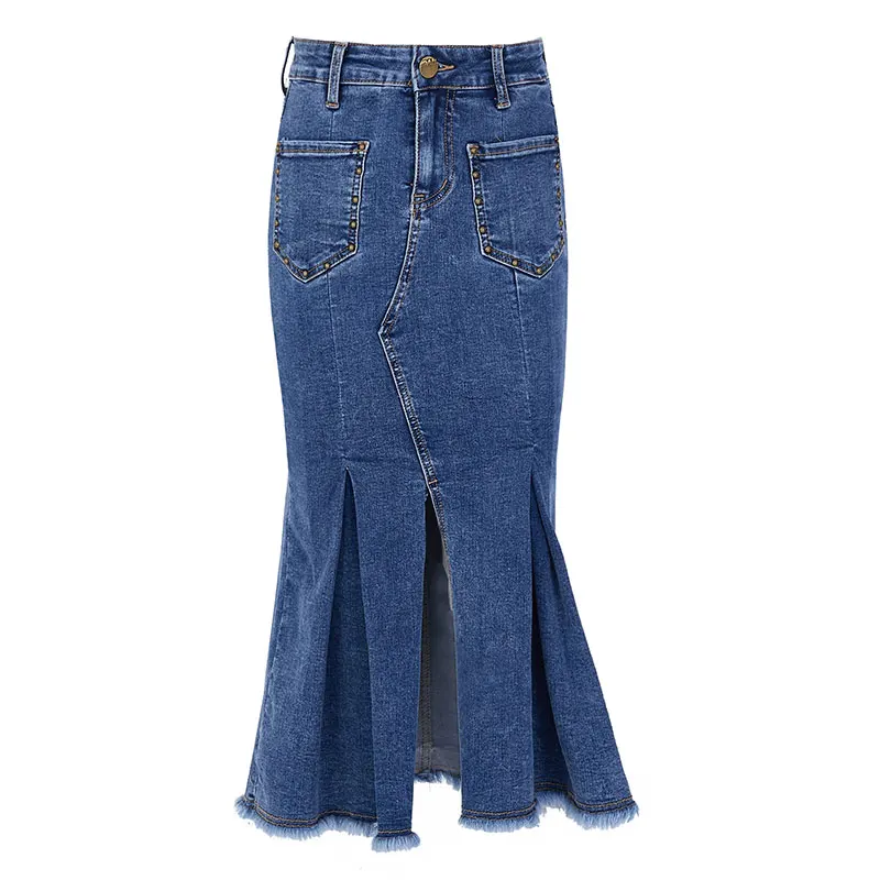 TIYIHAILEY – jupe en jean pour femmes, livraison gratuite, mode, extensible, longue longueur aux genoux, Style sirène, taille haute, fente en queue de poisson, XS-XL