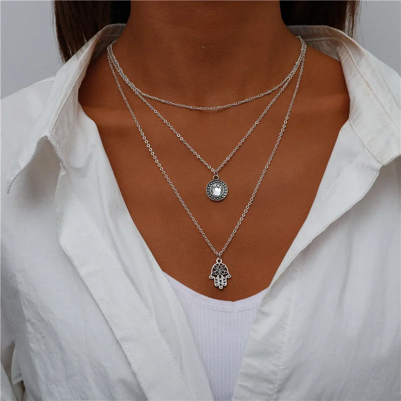 Vintage Mehrschichtige Mond-Münzen-Hamsa-Hand-Kettenhalsketten für Frauen, Boho Elefanten-Herzen-Anhänger Halsketten Schmuck – Detail 17