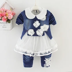 Spring Autumn Infant Toddler Baby Girl Denim Clothing Sets 3 pcs Long Sleeve T Shirt Tops Denim Jacket and Jeans Trousers