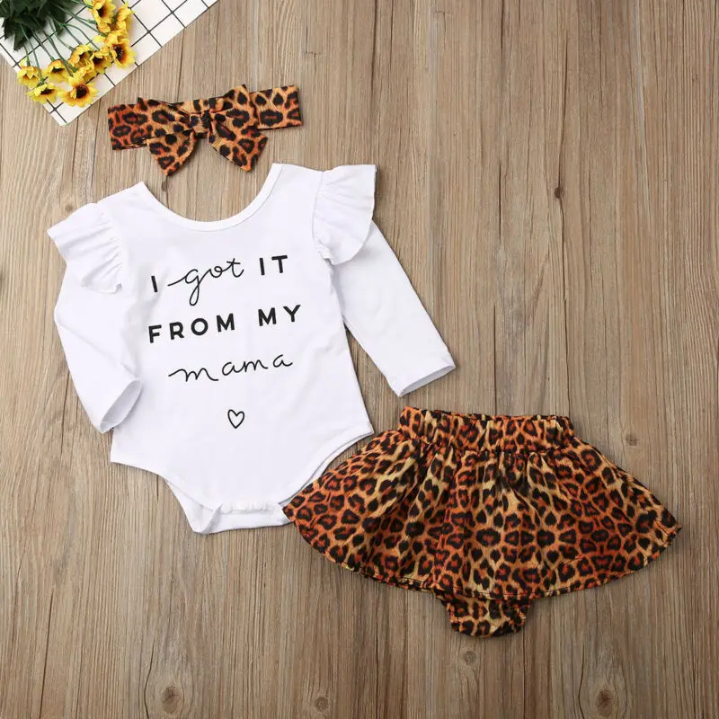 Pudcoco US Stock 0-24M 3PCS Newborn Baby Girl Autumn Clothes Set Ruffle Romper Top Patchwork Leopard Skirts Fall Outfits image 4