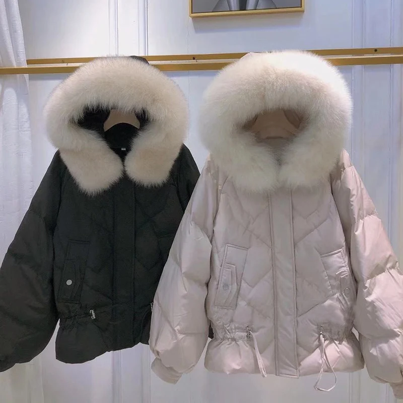 

White Duck Down Women Puffer Jackets 2024 Winter Fashion Street Hooded Real Natural Fox Fur Collar Thickened Parkas Female Coat