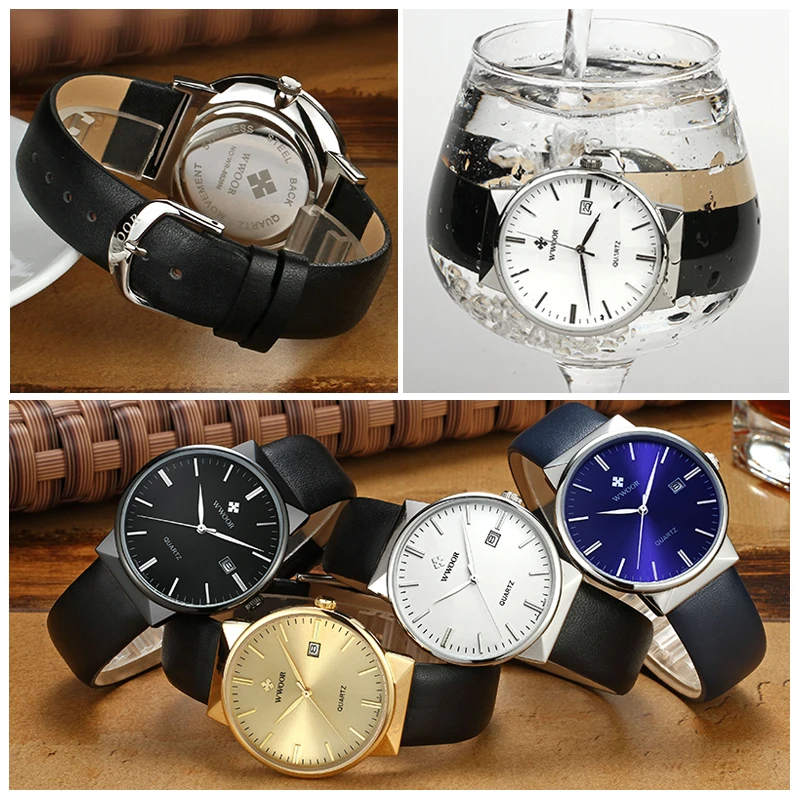 WWOOR-Reloj de pulsera de cuero genuino para hombre, accesorio masculino de marca de lujo, estilo clásico e informal, resistente al agua, de cuarzo,