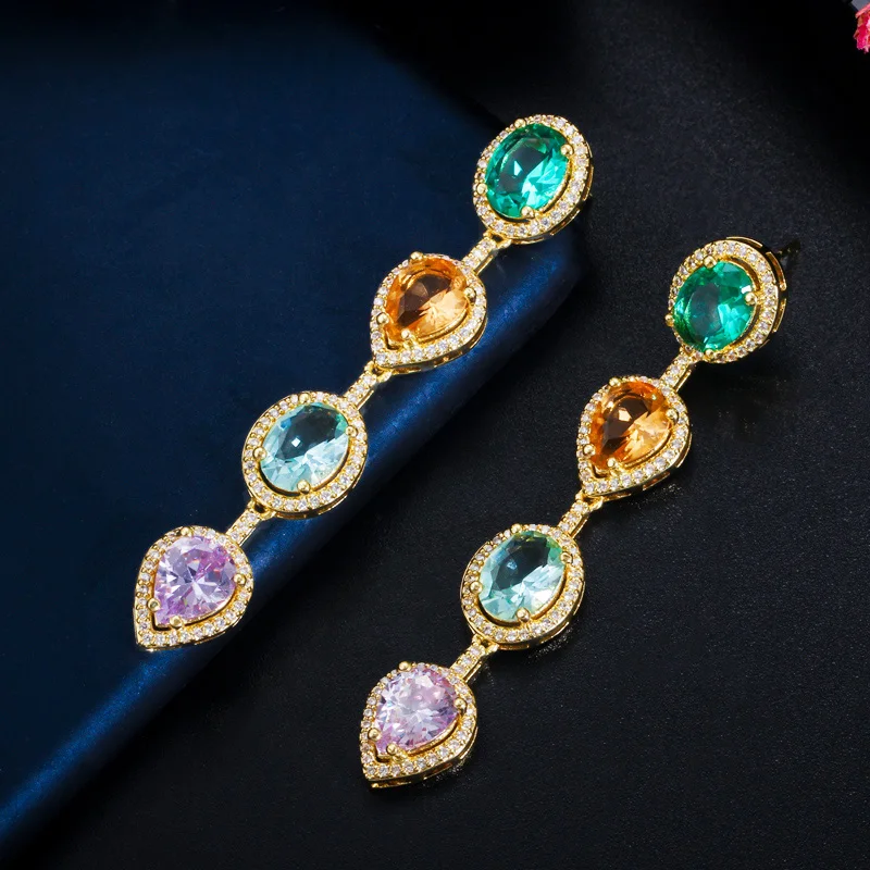 CWWZircons Green Blue Cubic Zircon Crystal Dangling Long Water Drop Ear Line Earrings Trendy Ladies Boho Party Jewelry CZ728