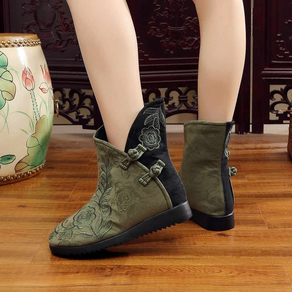 Veowalk Vintage Winter Autumn Women Cotton Fabric Short Ankle Boots Comfortable Soft Ladies Booties Embroidery Shoes Green Beige