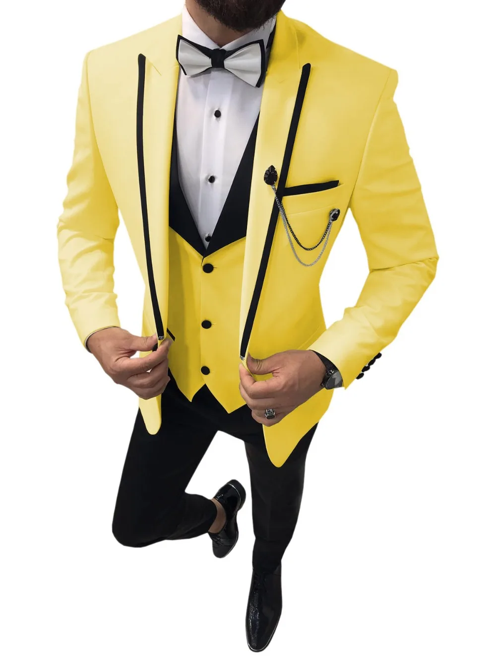 

2019 Customize 3 Pieces Peak Lapel Groom Tuxedos Yellow Formal Men Wedding Suits Prom Best Man Blazer (Jacket+Pants+Vest)