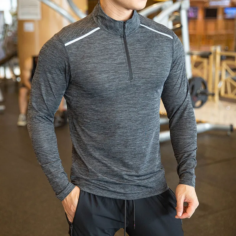 

Quick Dry breathable Running Shirt Men Bodybuilding Sport T-shirt Long Sleeve Gym Fitness zipper stand collar Autumn winter