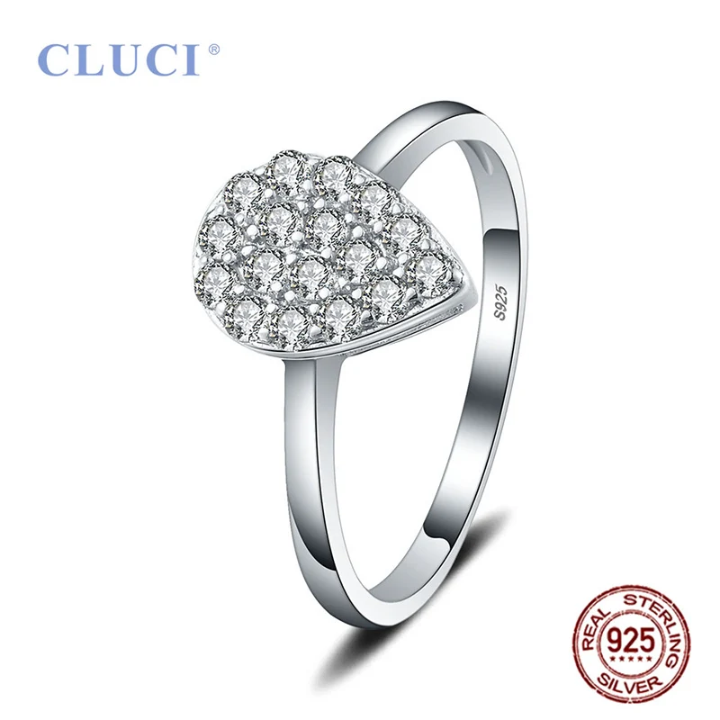 CLUCI Simple Sterling Silver Zircon Water Drop Ring for Women Fashion 925 Silver Wedding Ring Jewelry DR1048SB