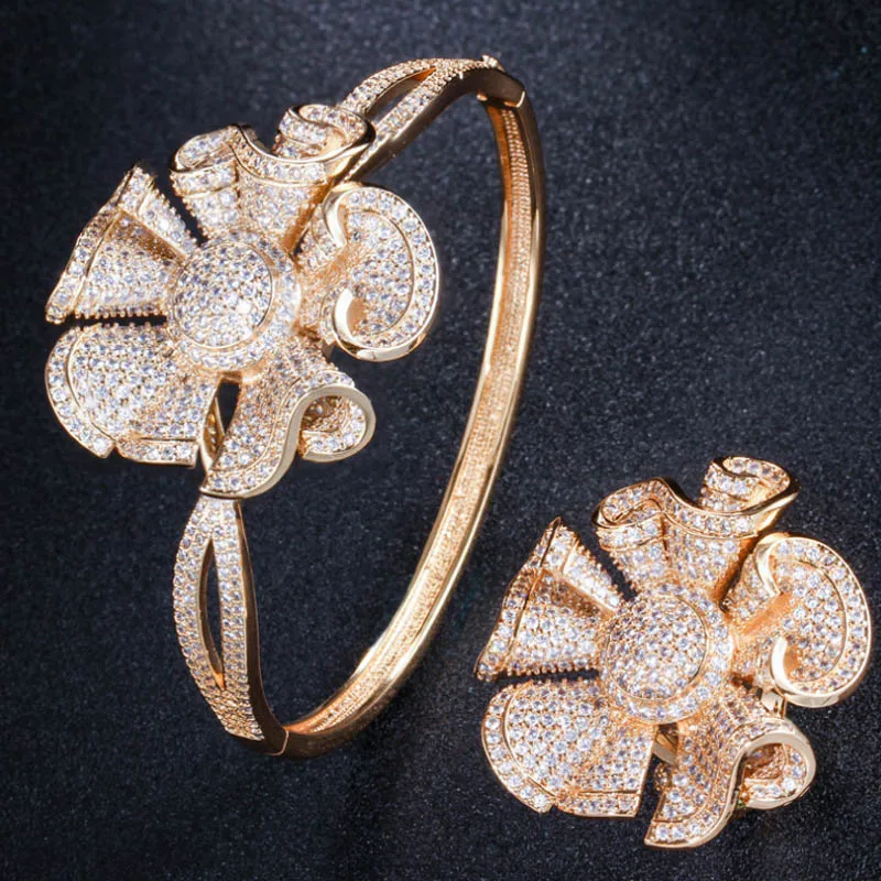 Zlxgirl Difficult Craft Special Design copper flower Shape Bangle Ring AAA Cubic Zirconia Celebrity Banquet bangle