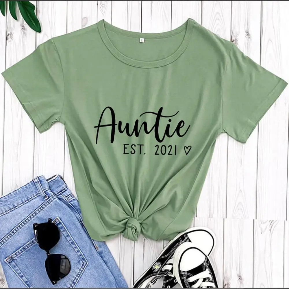 

100%Cotton Auntie Est. 2021 Printed Women's T Shirt Aunt Life Summer O-Neck Pullover Short Sleeve Tops Sister Gift Auntie Shirts