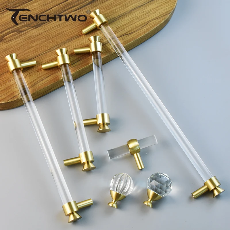 TENCHTWO Acrylic Crystal Kitchen Cabinet Pulls Shoe Cupboard Drawer Knobs Gold T Shape Dresser Door Handles Furniture Hardware