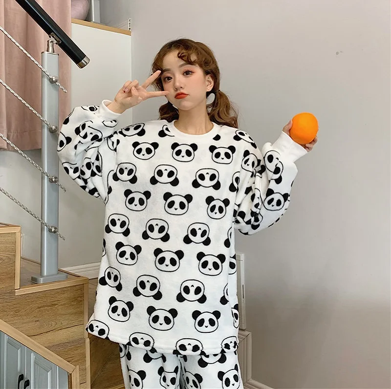 Autumn Winter Women Sweet Pajama Sets Long Sleeve Top and Pants Panda Print Cute Coral Fleece Warm Sleepwear Girly Soft Pyjamas