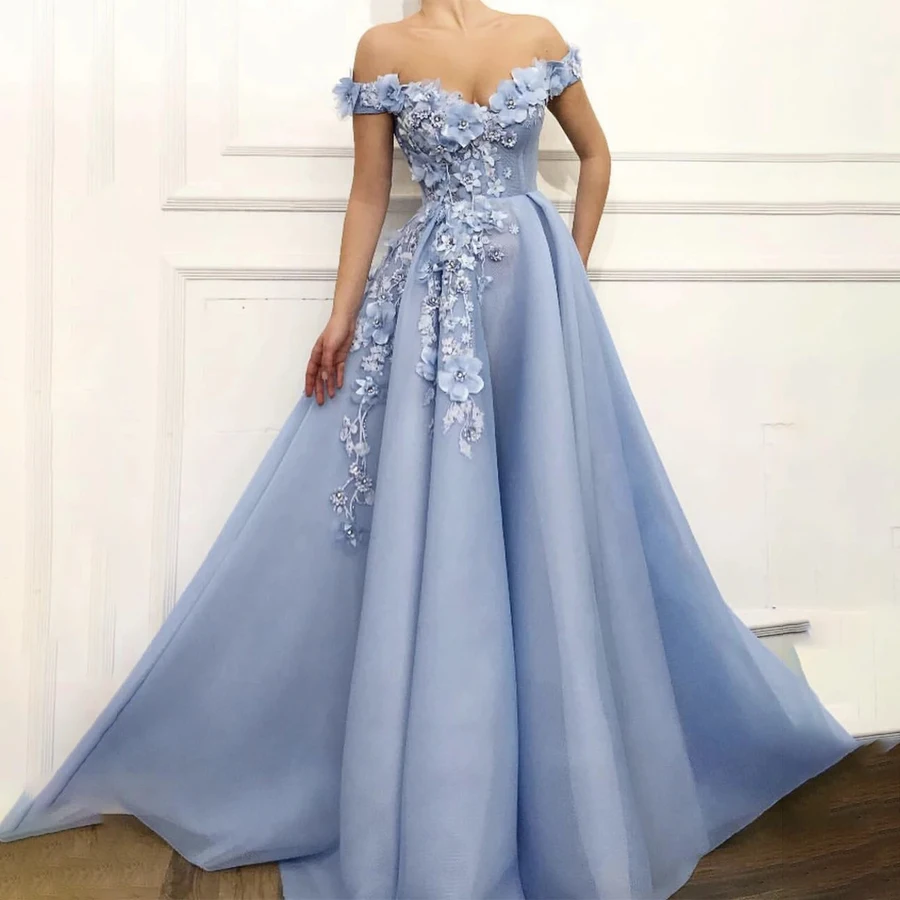 

Off the Shoulder 3D Flowers Applique with Crystals Blue Prom Dress Lace Up Back Sexy Evening Dress abiti da cerimonia donna