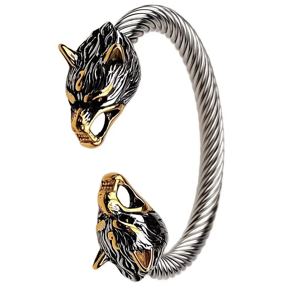Men\'s Stainless Steel Viking Wolf Bracelet Mix Gold Color Wolf Punk Bangle Biker Jewelry