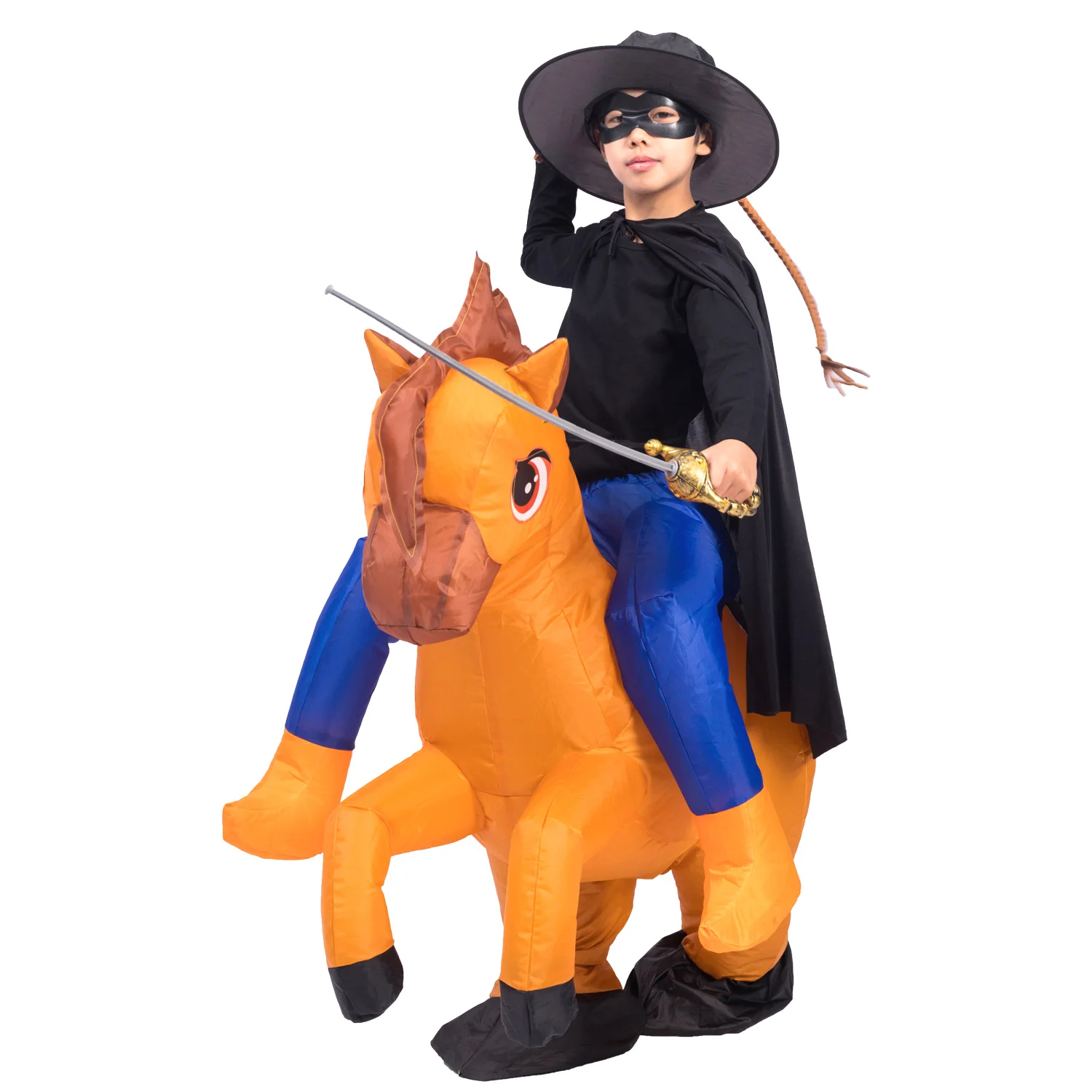 Boys Hero Knight Zorro Riding Horse Inflatable Costume Child Kids Halloween Purim Party Inflated Fancy Dress Cosplay