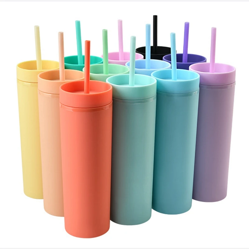 

16oz Acrylic Tumblers With Lids And Straws Double Wall Bottle For Water Coffe Portable Reusable Water Cups