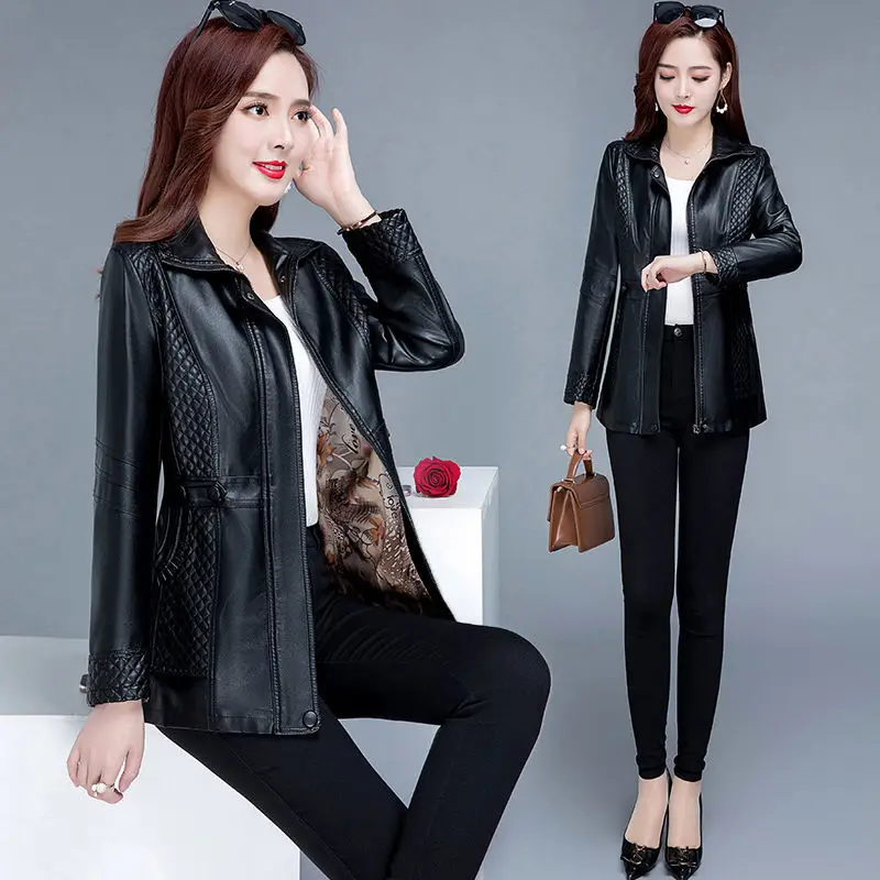 2XL-8XL Women Leather Jacket Spring Mid-length Motorcycle Coat Middle Aged Mother Winter Overcoat Pu Leather Jacket Y44