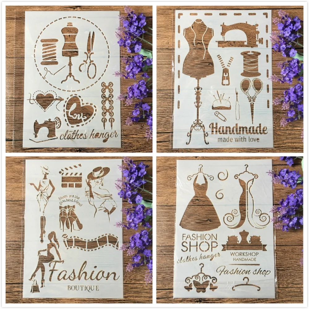 

4Pcs/Set A4 Fashion Clothes Sewing Lady DIY Layering Stencils Painting Scrapbook Coloring Embossing Album Decorative Template