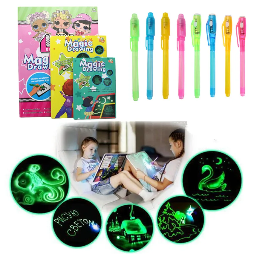 Tablero de dibujo luminoso mágico A4 A3 para niños, tableta de grafiti para dibujar en la oscuridad, bolígrafo fluorescente mágico, juguete educativo para niños, 1 unidad