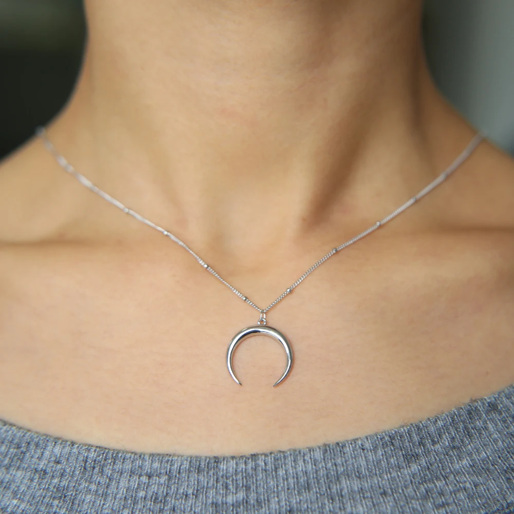 Half Moon Necklace 925 Sterling Silver Crescent Moon Pendant Necklace Horn Choker Women Delicate Kolye Jewelry Demi Lune Shape