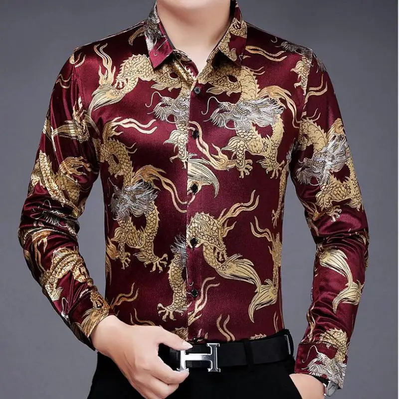 Oversized Flannel Luxury Man Clothes Green Velvet Blouse With Dragons For Mens Velour Shirts Red Winter Dress 2022 Fashionable