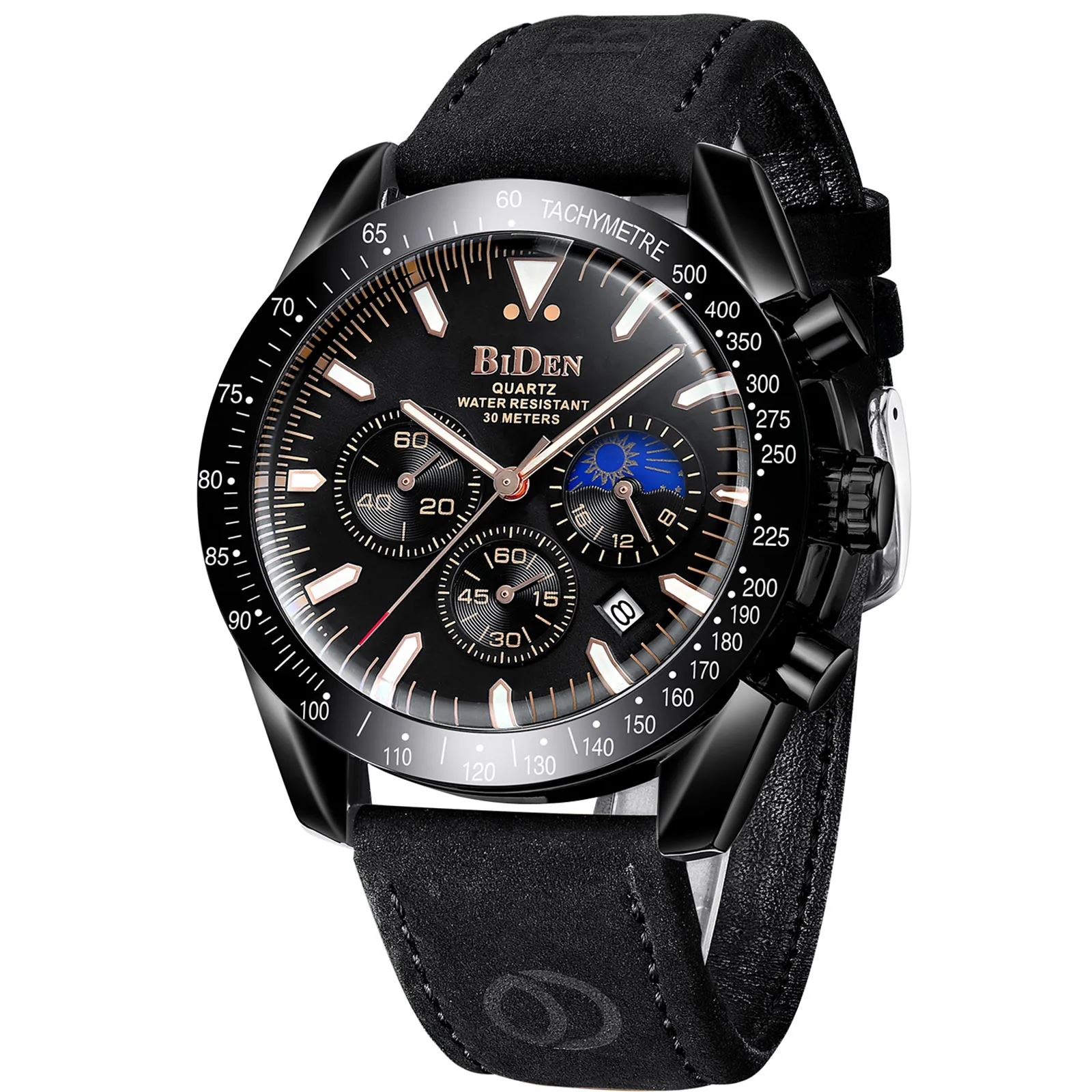 Biden Sport Quartz Watches Men\'s Black Military Wristwatch Genuine Leather Man Analog Clock Chronograph Watch With Moon Pash