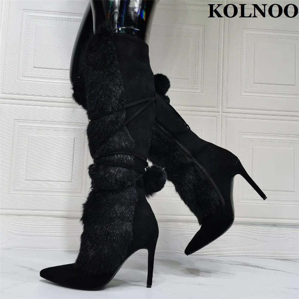 

Kolnoo Handmade British Style Womens High Heel Boots Fur-Ball Pointy Sexy Warm Knee Booties Evening Winter Fashion Black Shoes