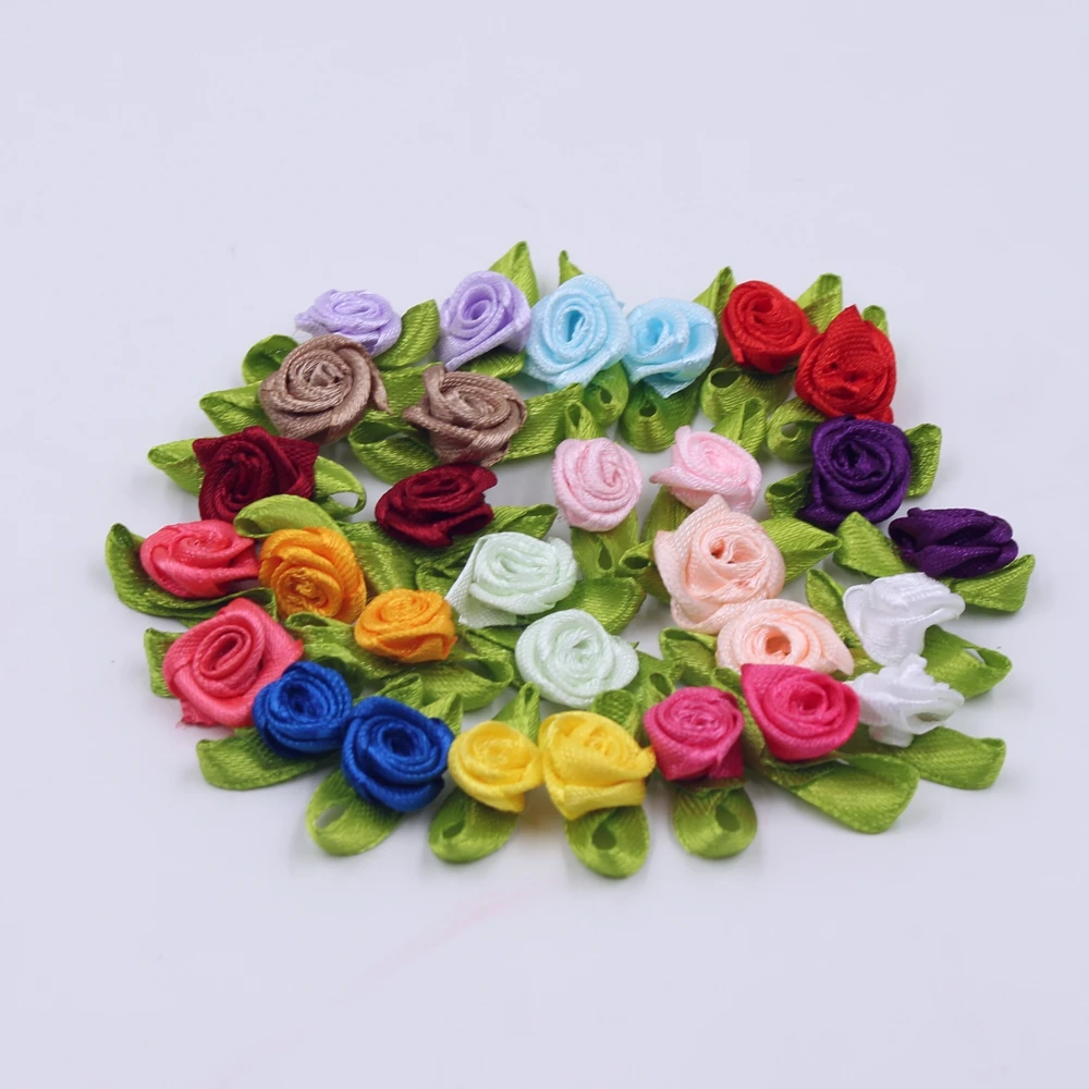 50pcs Mini Satin Ribbon Flowers Silk Rose Head Ribbon DIY Wedding Bow Appliques Crafts Sewing Clothing Accessories Decorations