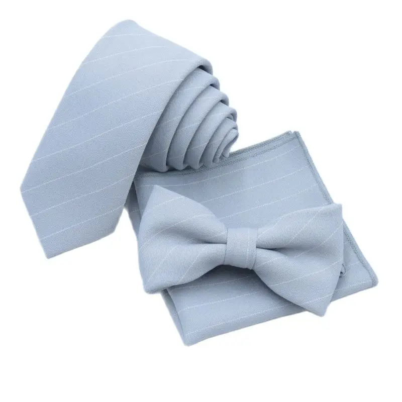 

Tie Men's Grey Korean Narrow Necktie, Small pocket square bowtie Three set Light Grey White Stripe Ties