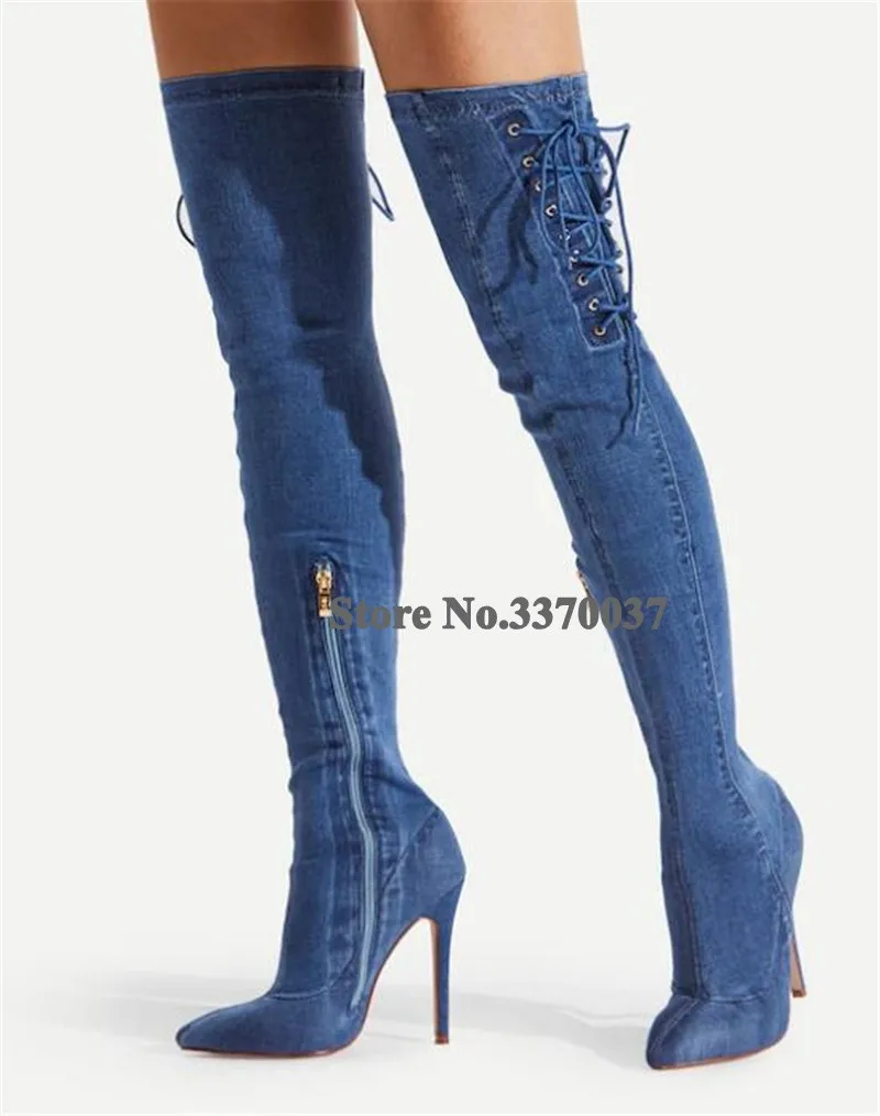 Newest Sexy Women Pointed Toe Over Knee Stiletto Heel Denim Gladiator Boots Side Lace-up Slim Style Long HIgh Heel Boots Heels