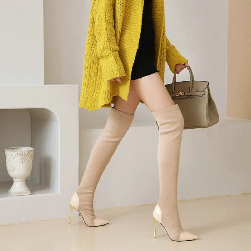 2022 winter autumn flock faux suded woman's shoes pointed toe super thin high heels over-the-knee stretch long boots overknees