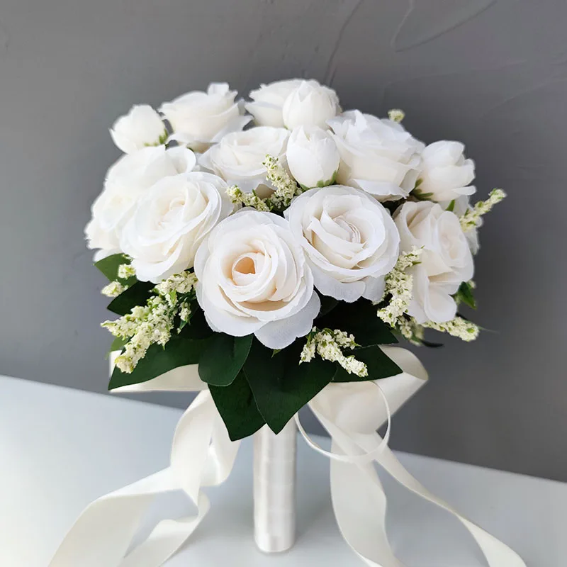 Braut Brautjungfer Hochzeit Bouquet Weiß Silk Blumen Rosen Künstliche Braut Boutonniere Pins Mariage Bouquet Hochzeit Zubehör