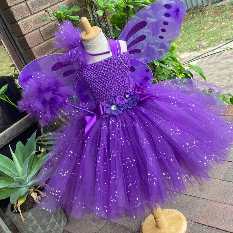 Girls Purple Glitter Flower Tutu Dress Kids Sequin Tulle Fairy Dress with Hairbow Wing Children Birthday Party Costume Dresses