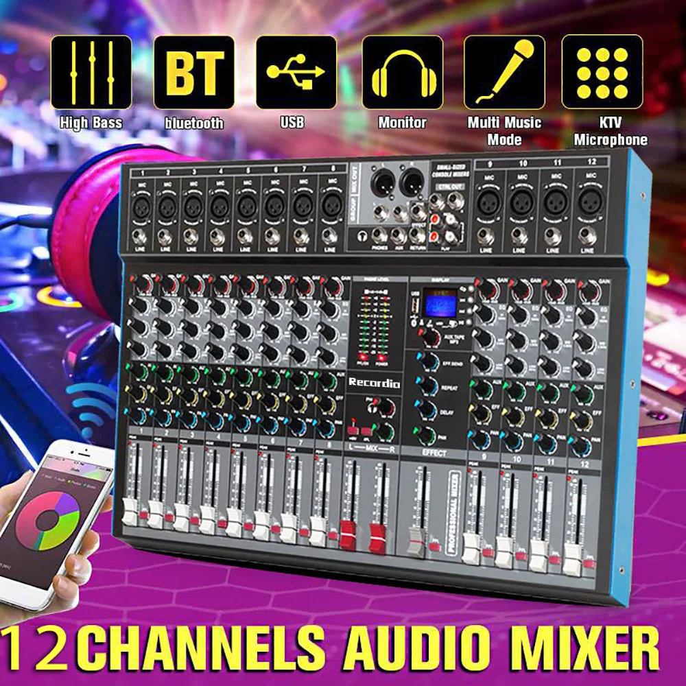 GAX-ET12 Professional 12 channel mixer single group output Blueteeth with effect reverb for stage wedding performance
