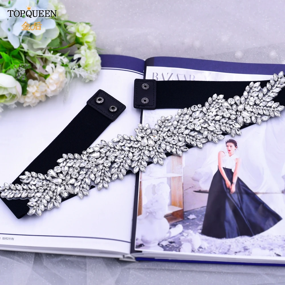 TOPQUEEN S420-B Fashion Rhinestone Belts For Women Elastic Black Waist Belts Ladies Handmade String Crystal Beads Elastic Belt