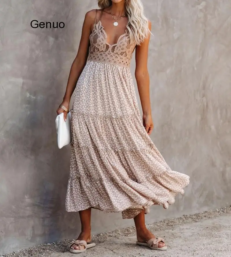 

Lace Stitching Beach Sling Long Dress Floral Printed Holiday Style Ruffle Boho Dress 2020 New Sundress For Women