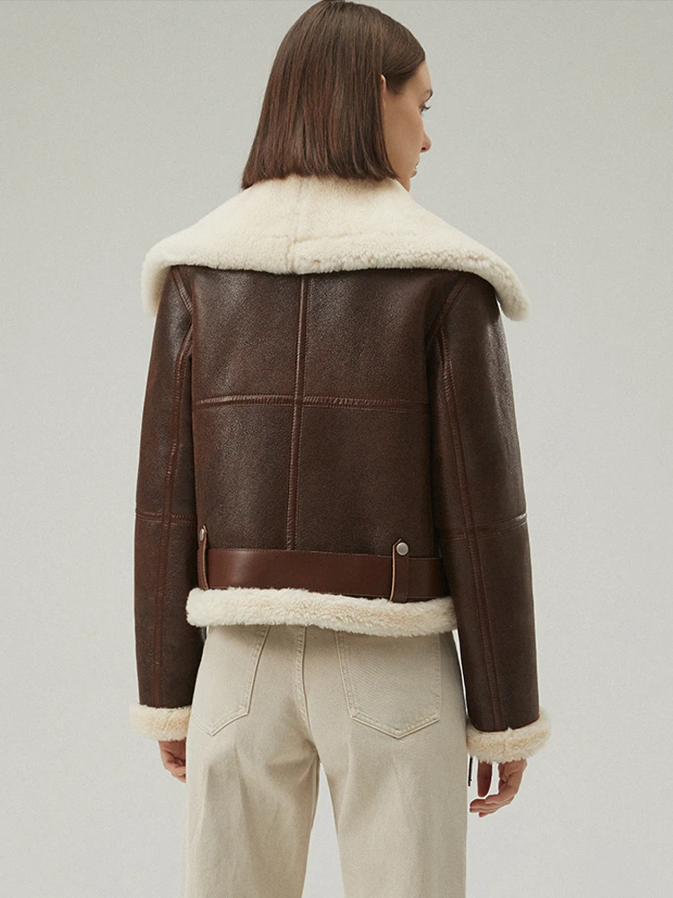 Denny & Dora ใหม่สตรี Shearling แจ็คเก็ตสีน้ําตาลหนังสั้นเสื้อขนสัตว์สตรีเสื้อฤดูหนาวธรรมชาติ Sheepskin Coat