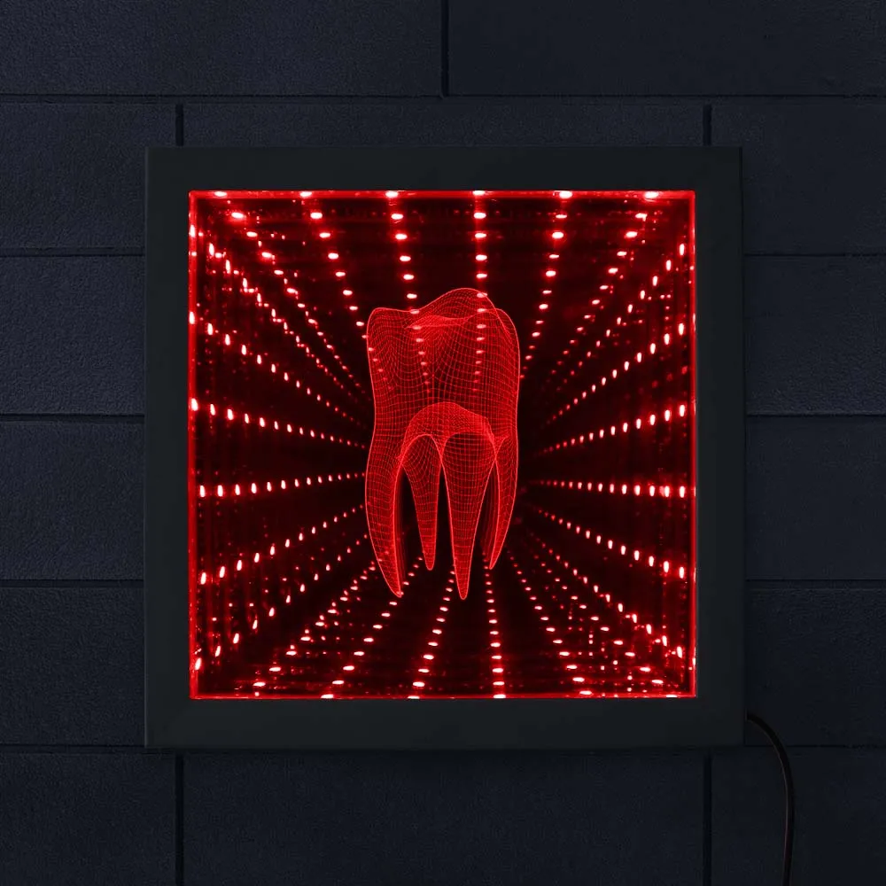 Tooth Shape 3D LED Infinity Mirror Dental Clinic Optical Illuminated Wood Photo Frame Decor Vortex Tunnel Night Light Lamp