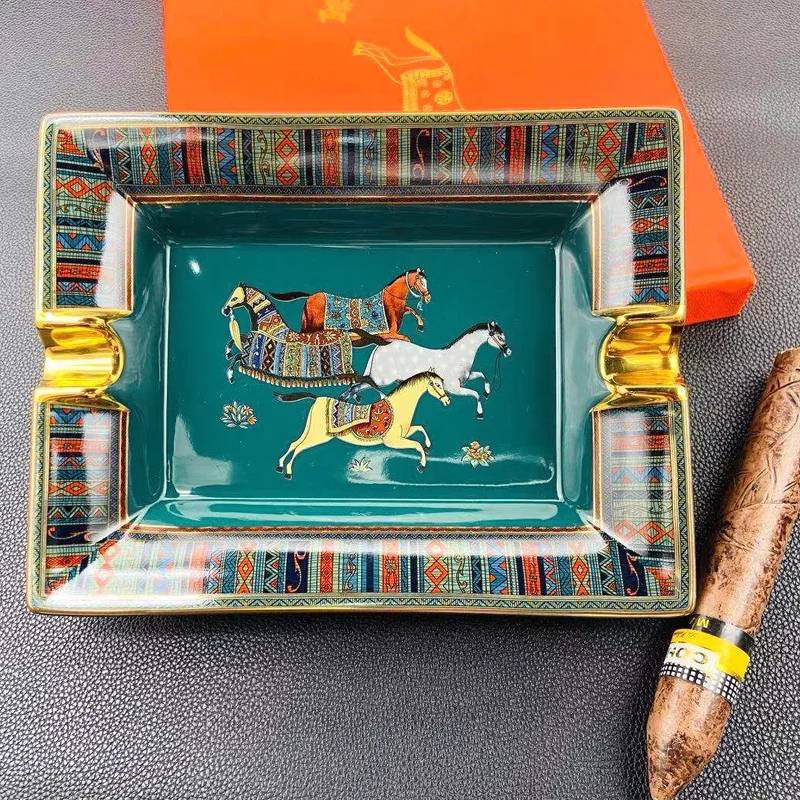 European Style Luxury Cigar Ashtray 2 Slots Color Painting Ceramic Office Home Decoration Gift Box Package