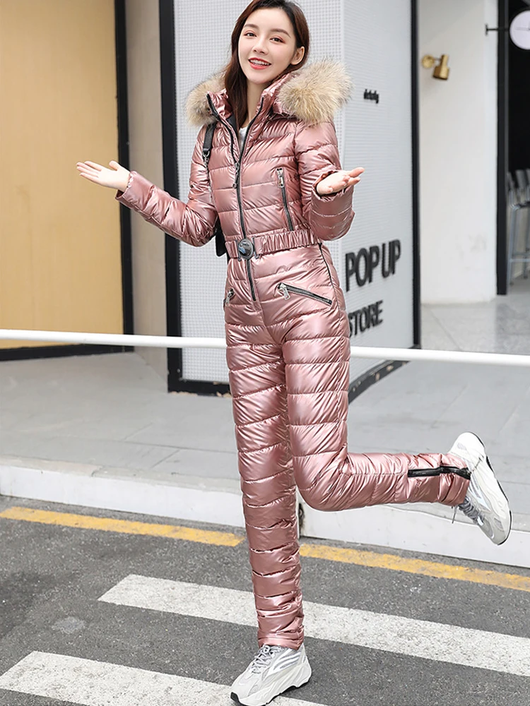 One Piece Ski Suit Women Winter Fur Hooded Jumpsuit Cotton Padded Parka Jumpsuits Zipper Overalls Tracksuits Jacket Pants