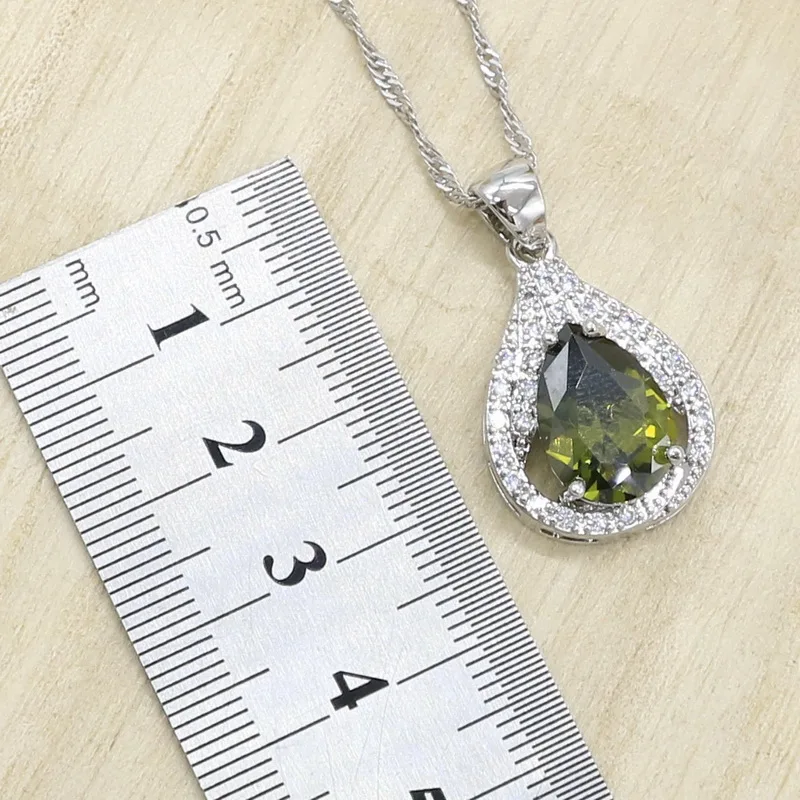 Novo verde peridot zircon prata 925 conjunto de jóias feminino pulseira brincos colar pingente anel presente aniversário