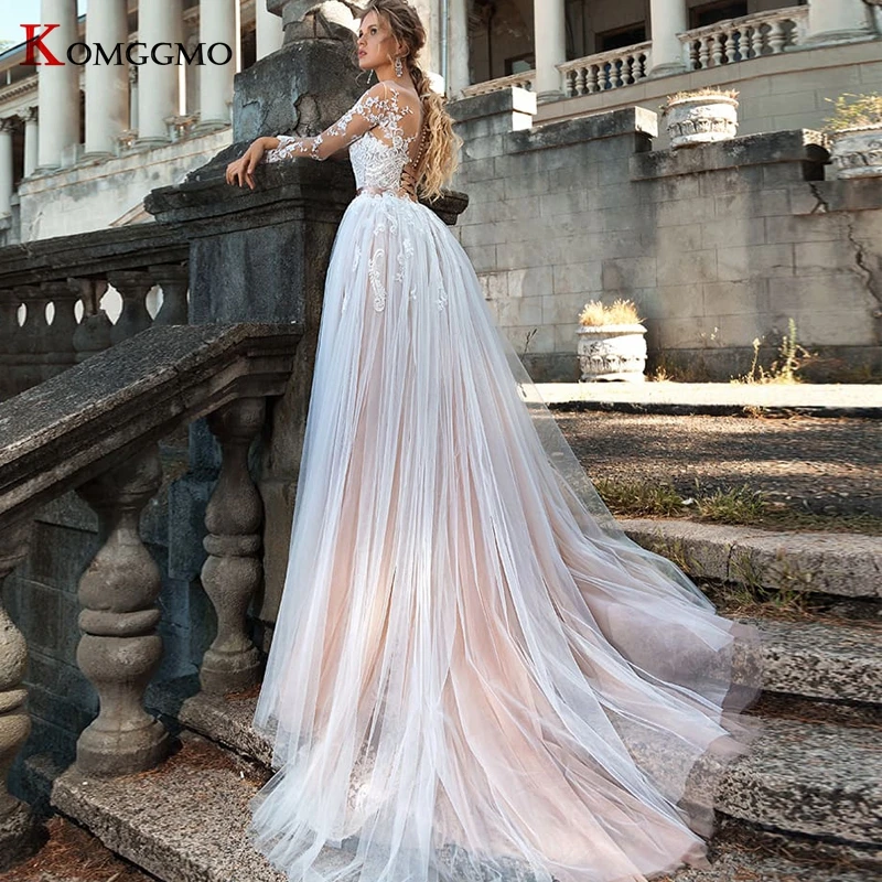 Luxury O-Neck Embroidery Appliques Tulle Full Sleeve Mermaid Wedding Dress Elegant Detachable Train 2 IN 1 Bridal Gown 2023