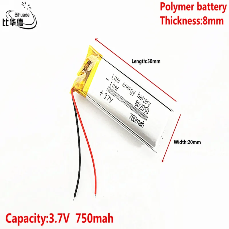 คุณภาพดี 3.7V 750mAh 802050 แบตเตอรี่ลิเธียมโพลิเมอร์Li-Po Li ionแบตเตอรี่เซลล์สำหรับMp3 MP4 MP5 GPSบลูทูธ