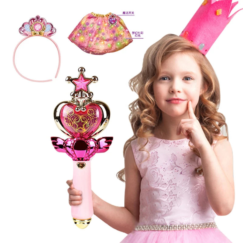 New Flower Fairy Magic Set Colorful Light Skirt Flash Headdress Magic Wand Girl Dress Up Game Headband Luminous Cosplay Toy Gift