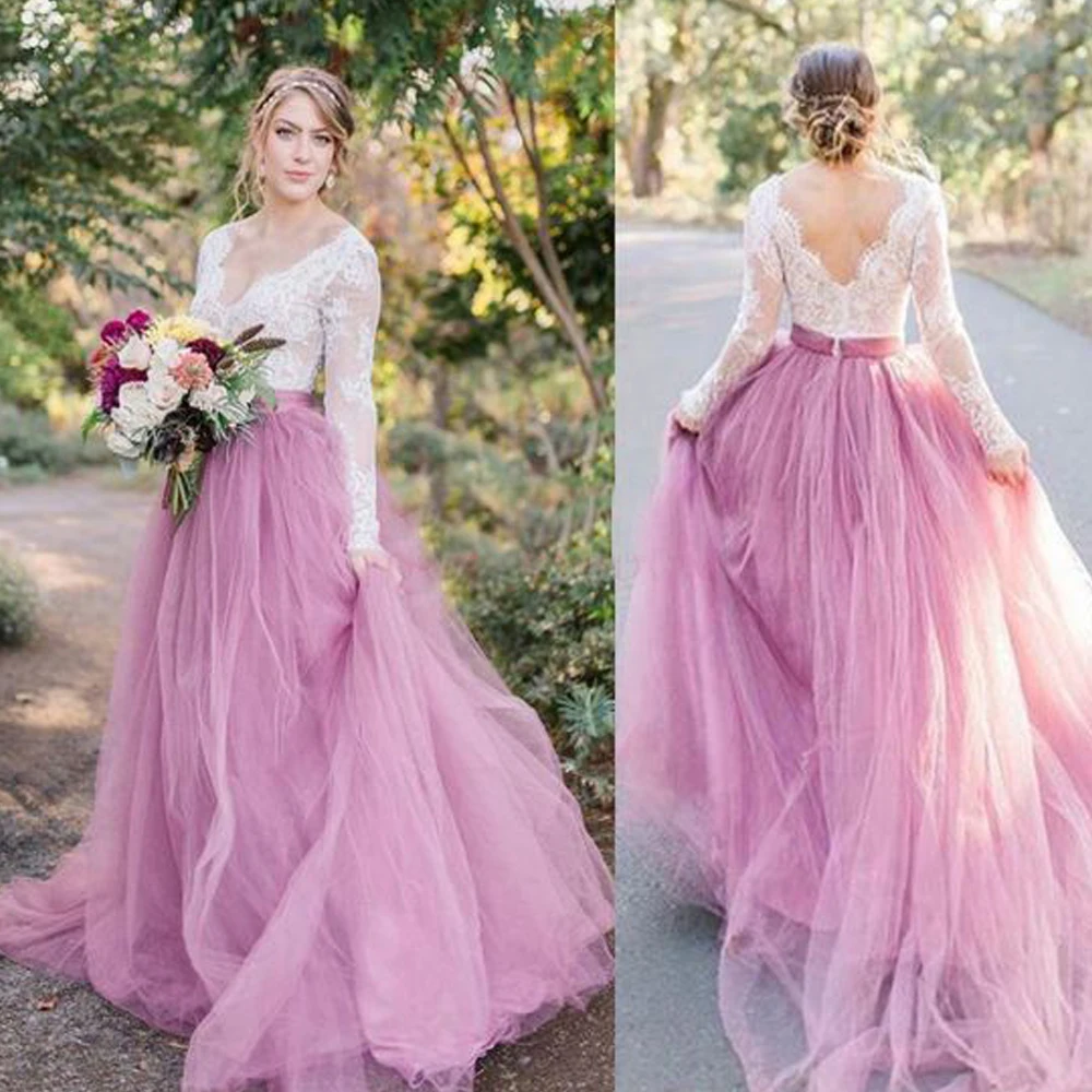 Vestidos de baile de renda 2020, decote em v, manga comprida, rosa, vestidos de noite, de tule, vestidos formais